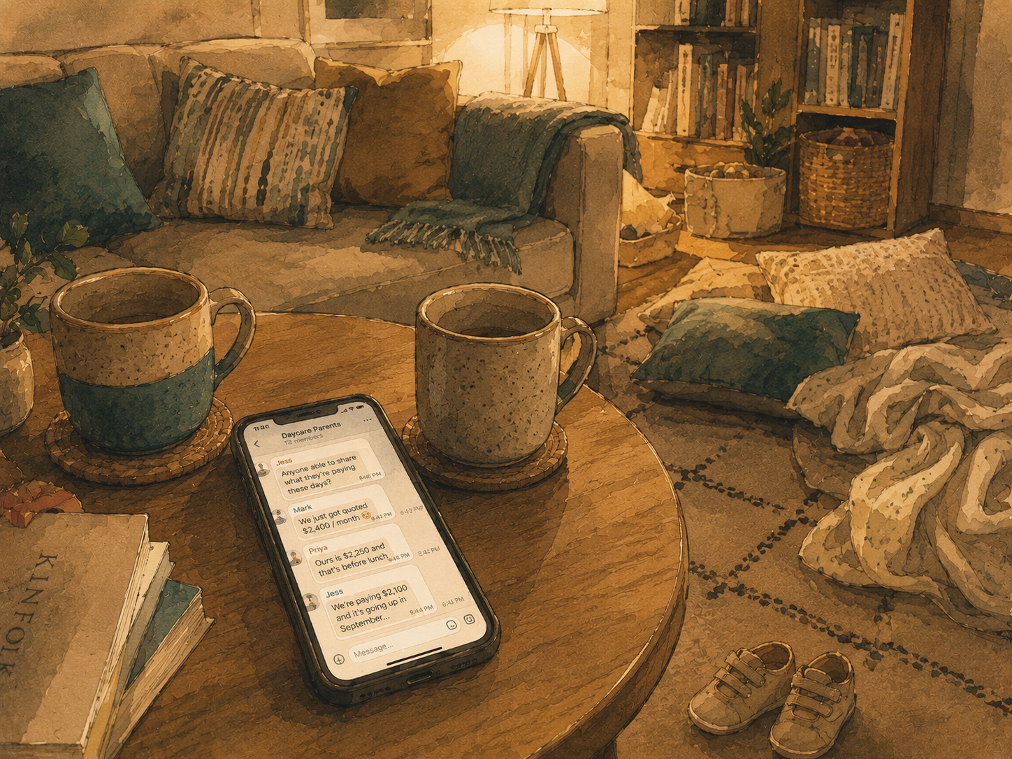 A warm living room scene at evening — a coffee table with two mugs and a phone showing a message conversation.