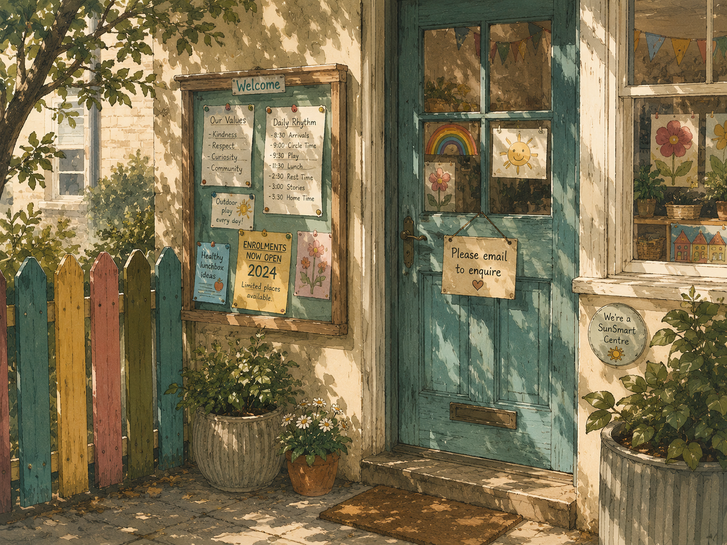A cheerful daycare entrance from outside — a painted wooden door with a small handwritten notice.