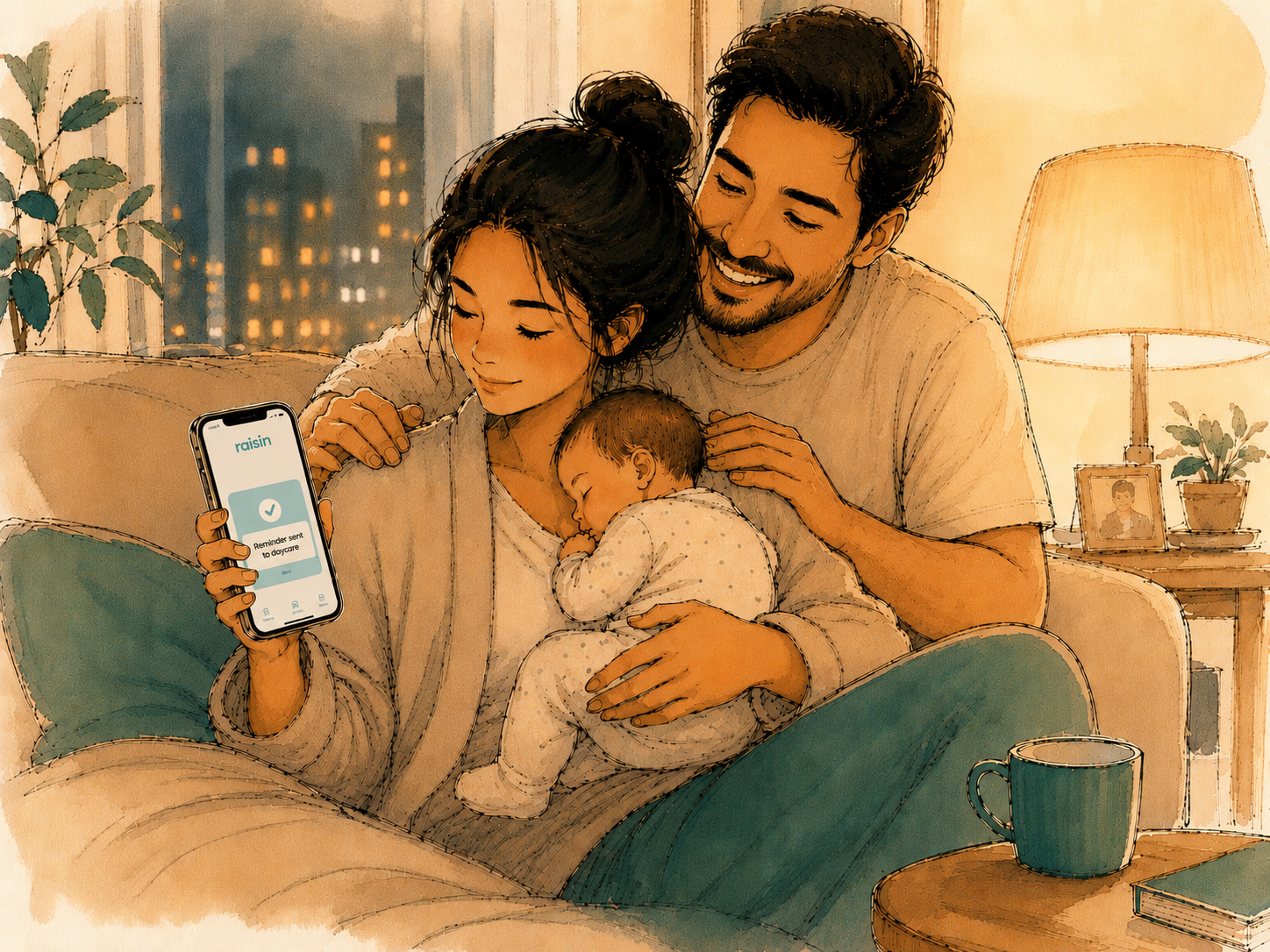A parent sitting calmly at home in the evening, baby in arms, looking peacefully at the raisin app on their phone