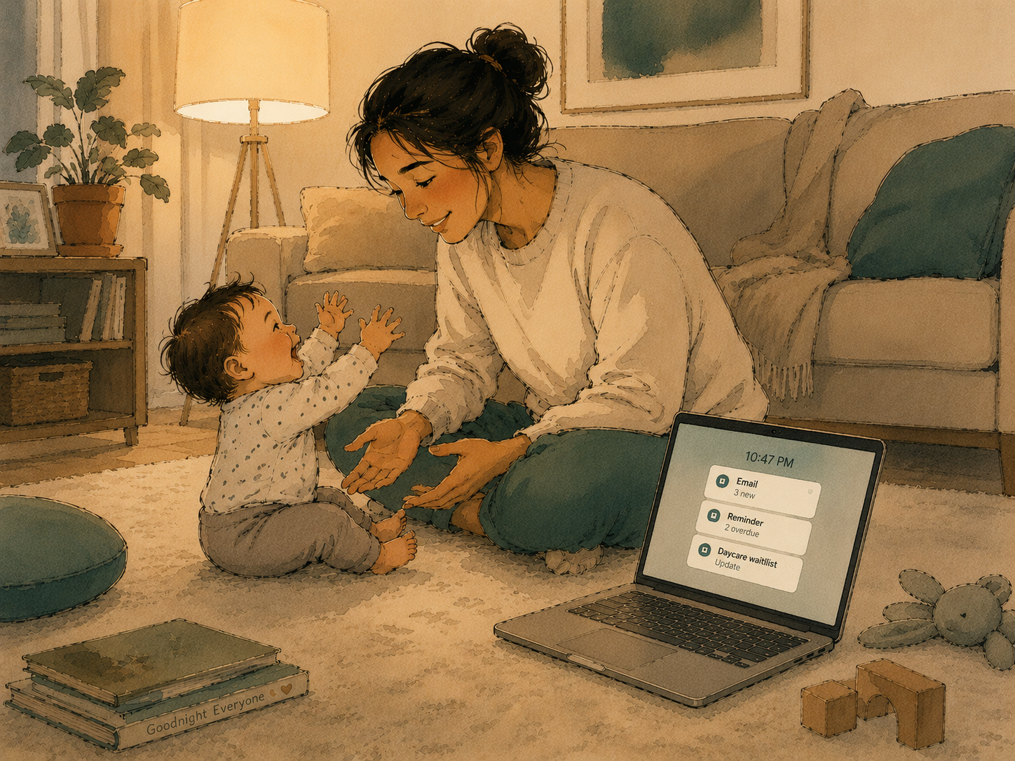 A parent on the floor with a laughing baby