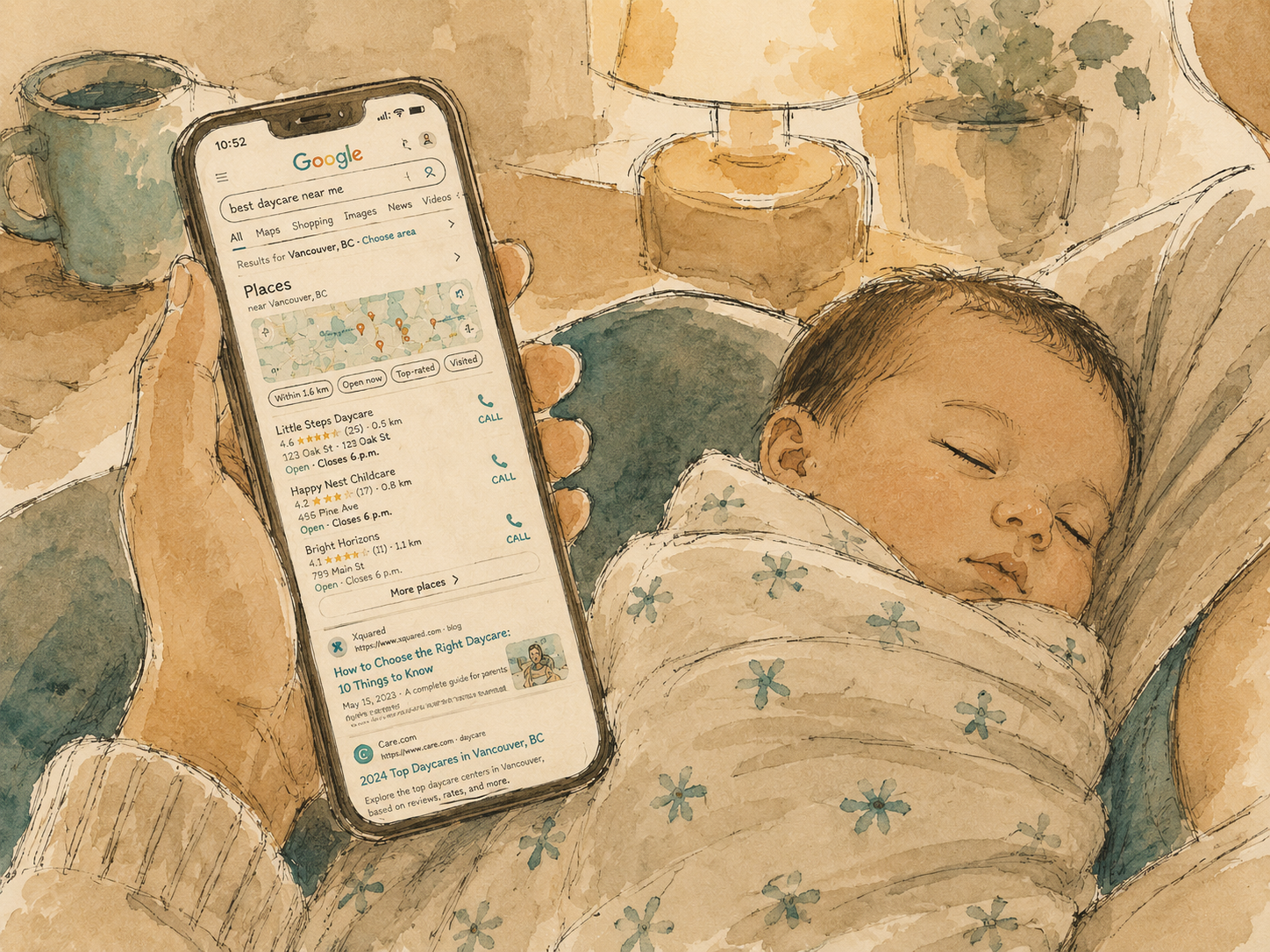 Two hands — one holding a phone searching at 11pm, the other cradling a sleeping baby