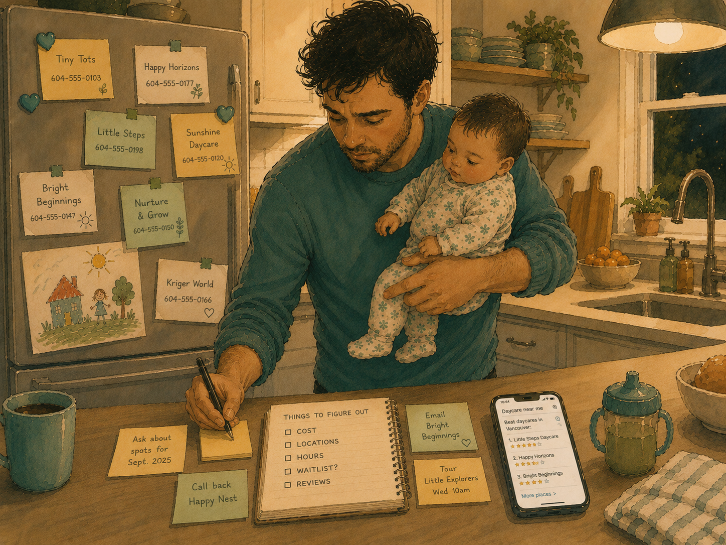 A parent writing a sticky note reminder about a daycare follow-up