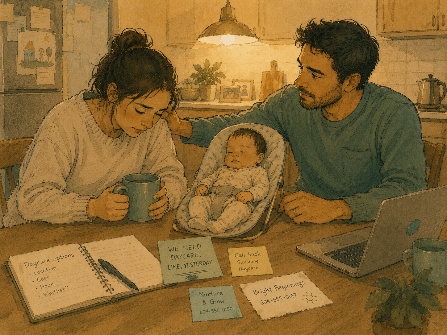 Two parents at a kitchen table, one tired, one supportive, a baby between them