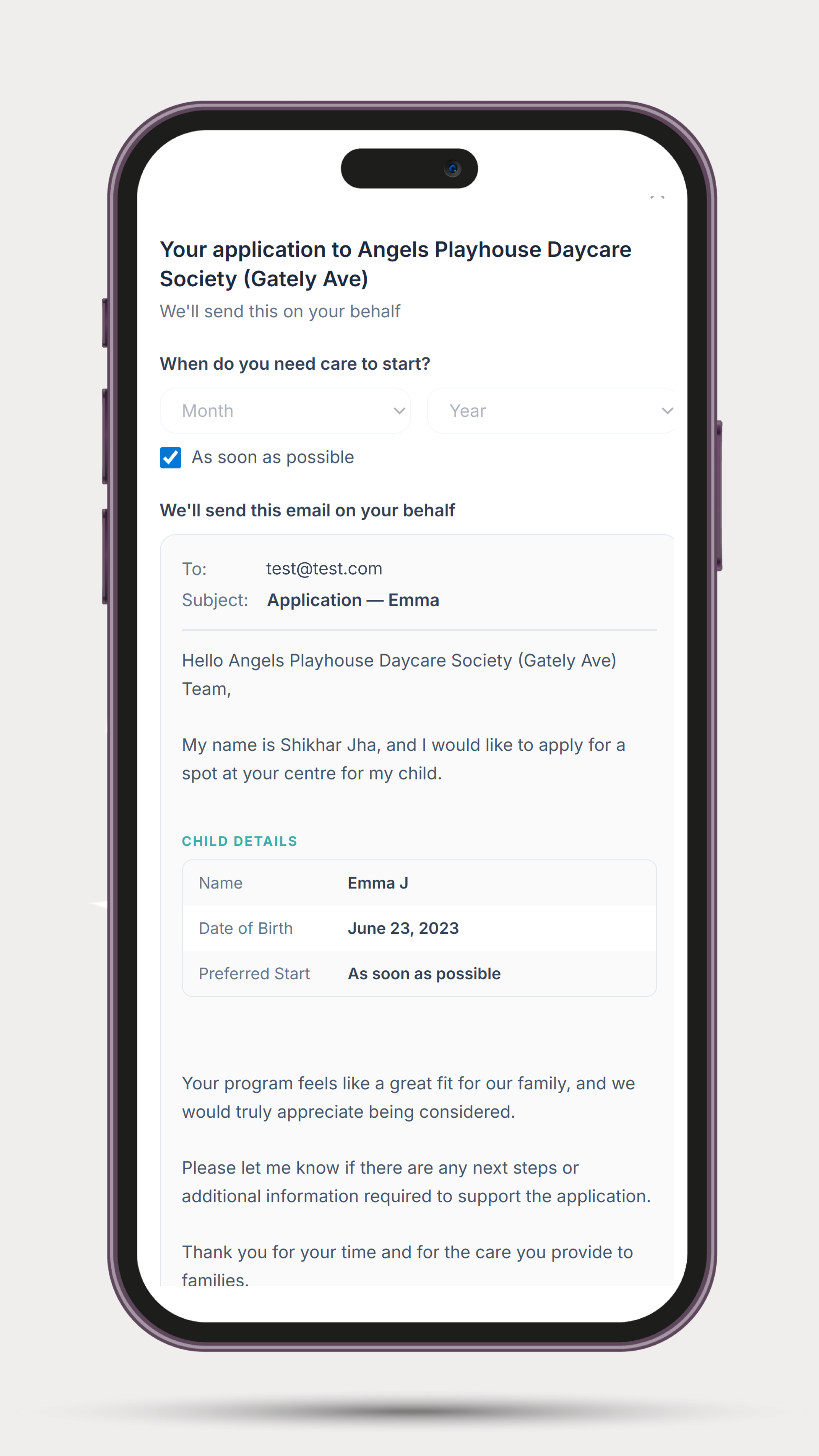 raisin application email drafted and ready to send