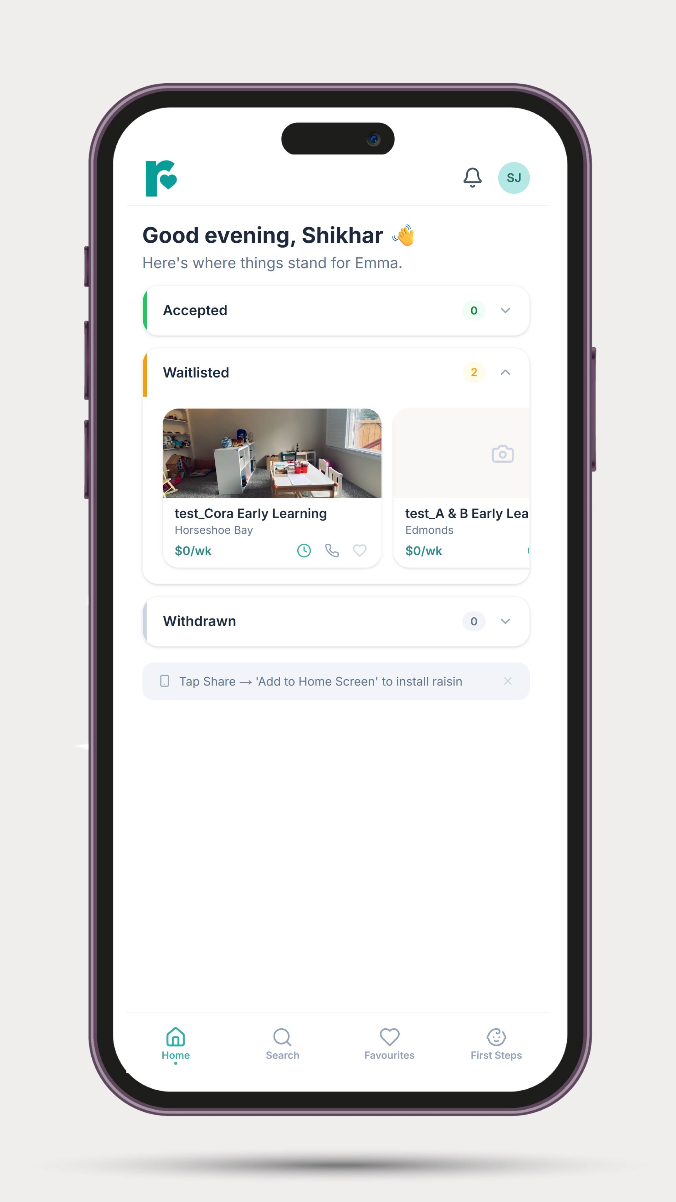 raisin dashboard showing application status across daycares