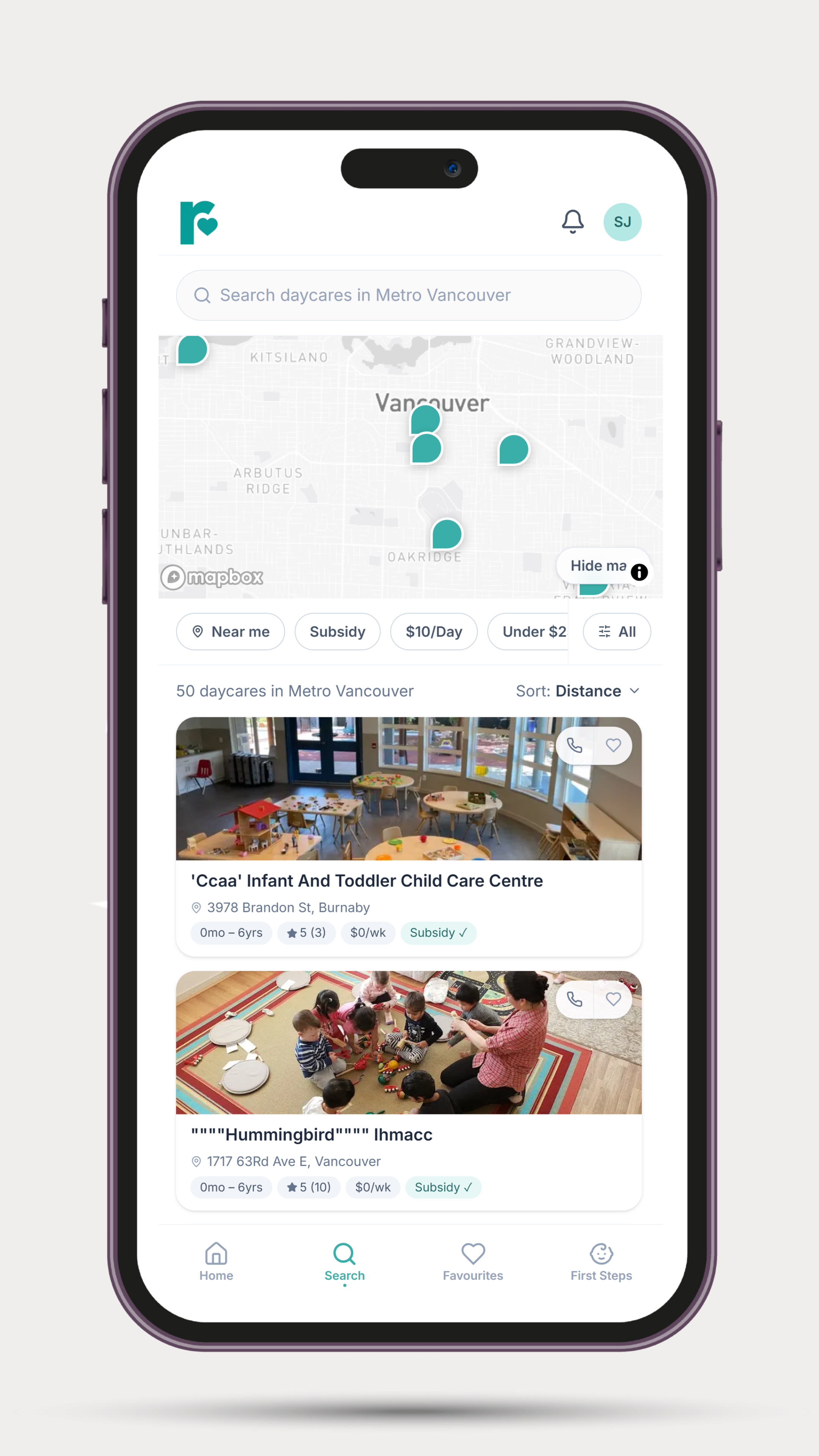 raisin discovery map showing licensed daycares in Metro Vancouver