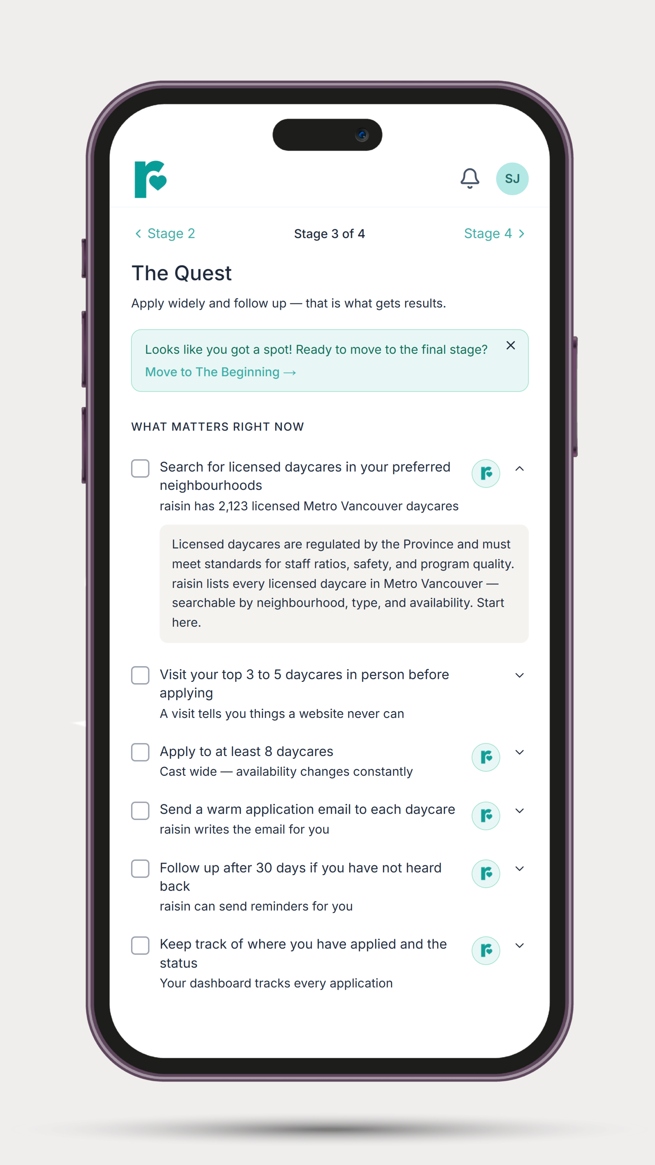 raisin First Steps guided checklist for the childcare journey